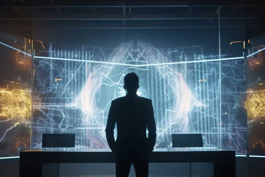 Das Bild zeigt eine Person vor seinem Schreibtisch mit einer futuristischen Kommandozentrale im Hintergrund.